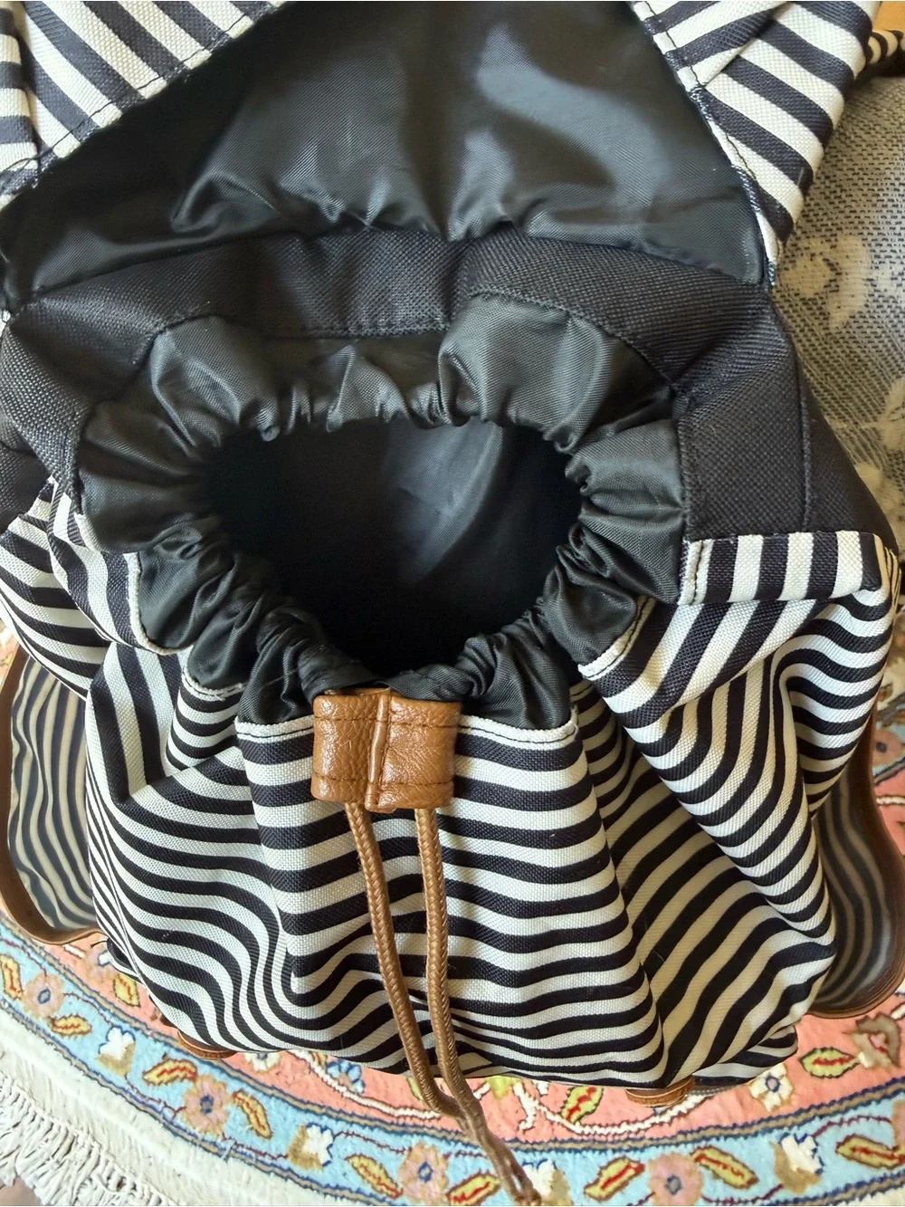 Black & White Striped Canvas Drawstring Flap Backpack Faux Leather Trim